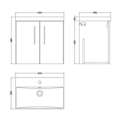 [BFLE823D] Bramshall Contemporary 2 Door Wall Hung Vanity Basin Unit, Choice of Size, Colour and Basin - Technical Drawing