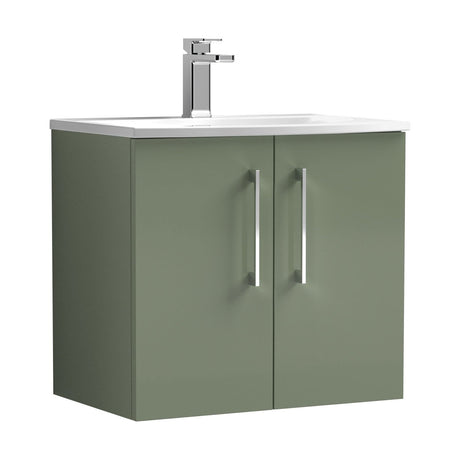 [BFLE823G] Balterley  Modern Bathroom 2 Soft Close Door Wall Hung Vanity Unit & Curved Basin, Satin Green, 600mm - Cutout