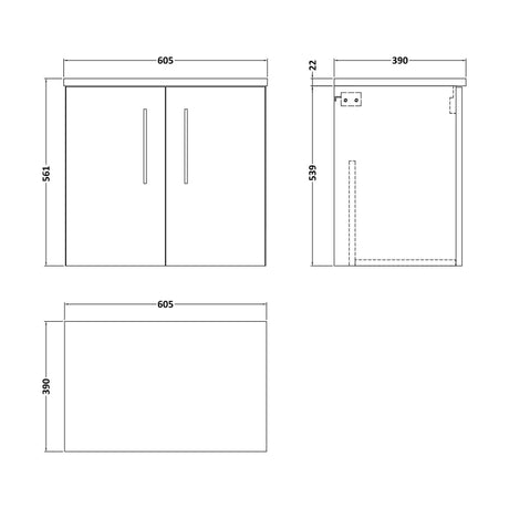 [BFLE823LCM] Balterley Level 600mm Wall Hung 2 Door Vanity Unit & Laminate Worktop for Modern Bathroom Storage - Satin Green - Technical Drawing