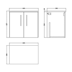 [BFLE823W] Balterley Level Modern Bathroom 600mm Wall Hung 2-Door Vanity Unit with Worktop, Soft Close Doors, Satin Green - Technical Drawing