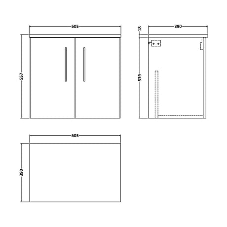 [BFLE823W] Balterley Level Modern Bathroom 600mm Wall Hung 2-Door Vanity Unit with Worktop, Soft Close Doors, Satin Green - Technical Drawing