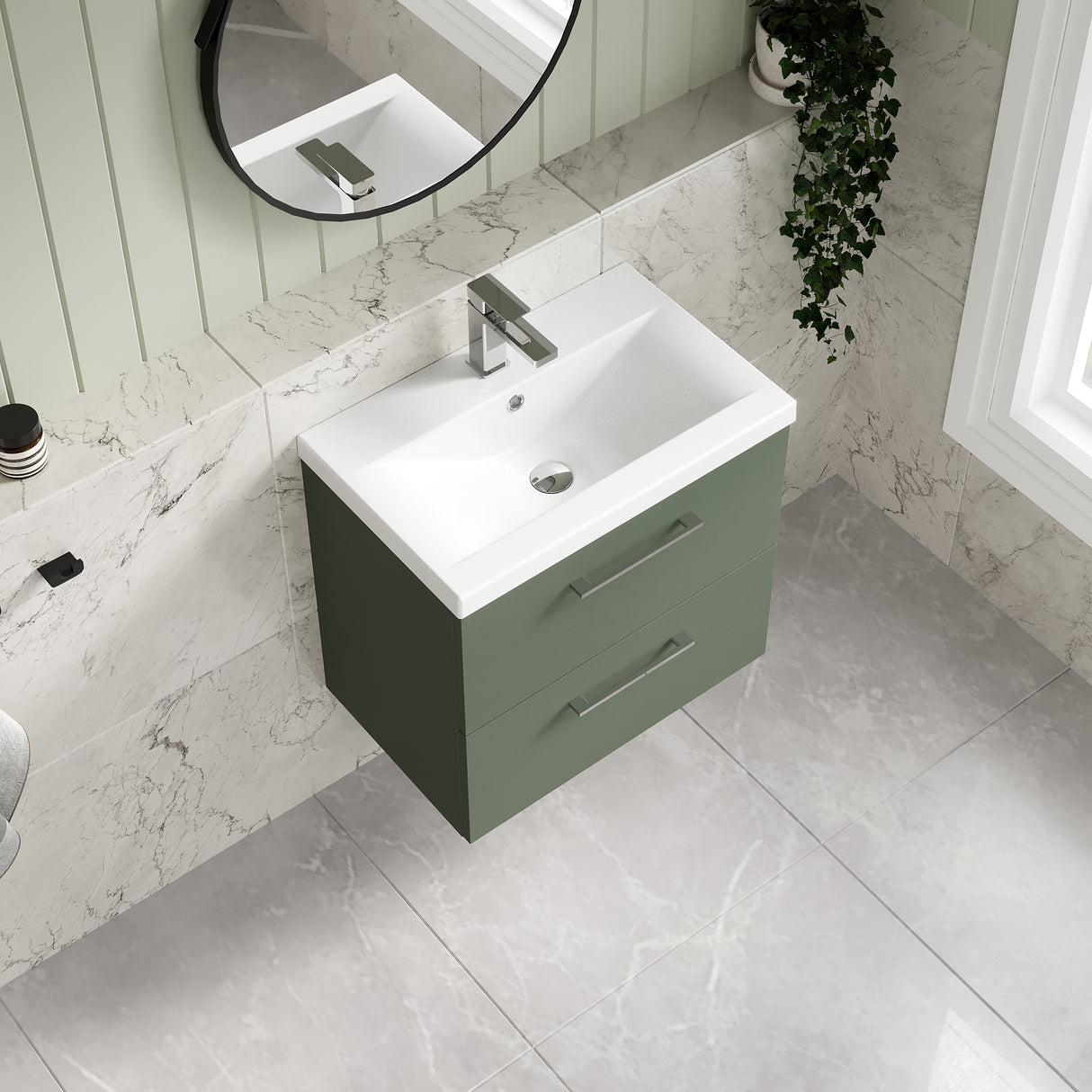 Wall Hung 2 Drawer Vanity Unit with Mid-Edge Ceramic Basin - Choice of Colour, Handle Finish and Size