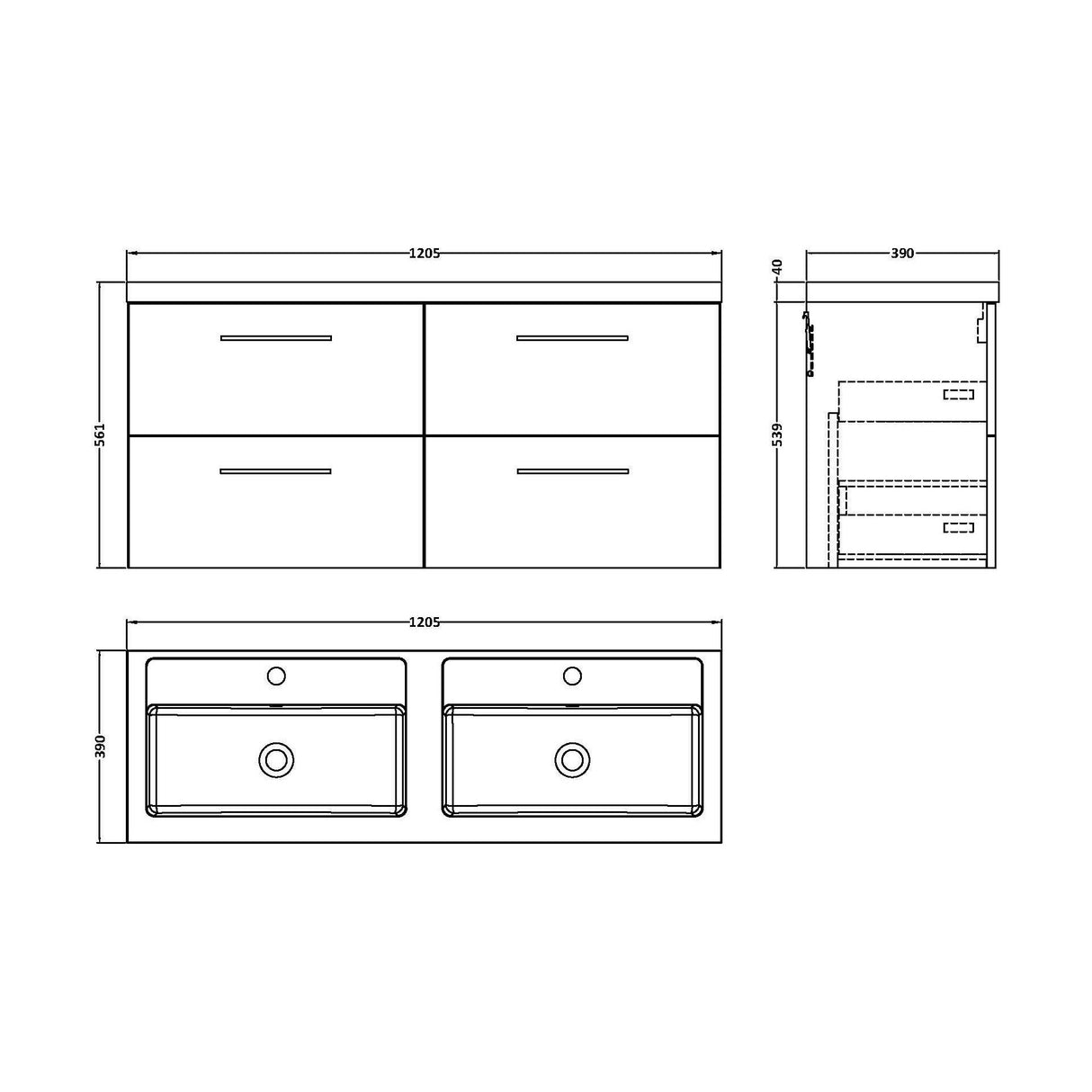 [BFLE824C2] Balterley Level 1200mm Wall Hung 4-Drawer Vanity Unit with Double Basin for Modern Bathroom Storage - Gloss White - Technical Drawing