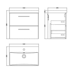 [BFLE824D] Bramshall Contemporary 2 Soft Close Drawer Wall Hung Vanity Unit, Choice of Size/Basin Type/Colour - Technical Drawing