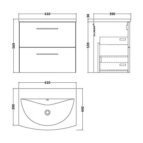 [BFLE824G] Balterley  Modern Bathroom 2 Soft Close Drawer Wall Hung Vanity Unit & Curved Basin, Satin Green, 600 mm - Technical Drawing