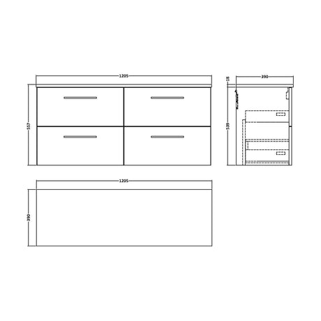 [BFLE824W2] Balterley Level Modern Bathroom 4 Soft Close Drawer Wall Hung Vanity Unit with Worktop, Satin Green, 1200 mm - Technical Drawing