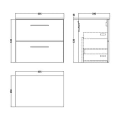 [BFLE824W] Balterley Level Modern Bathroom 2 Soft Close Drawer Wall Hung Vanity Unit with Worktop, Satin Green, 600 mm - Technical Drawing