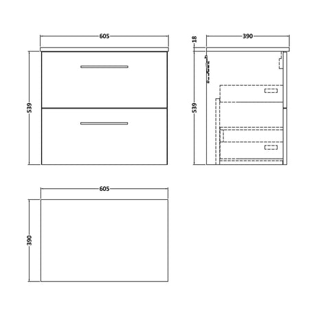 [BFLE824W] Balterley Level Modern Bathroom 2 Soft Close Drawer Wall Hung Vanity Unit with Worktop, Satin Green, 600 mm - Technical Drawing