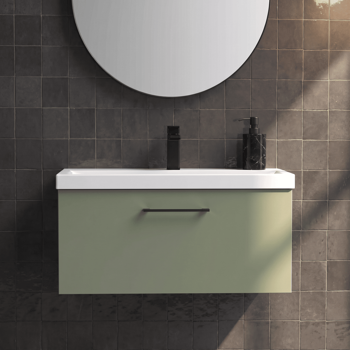 [BFLE825AH018] Bramshall Wall Hung 1 Drawer Vanity Unit with Mid-Edge Ceramic Basin 800mm - Studio Shot