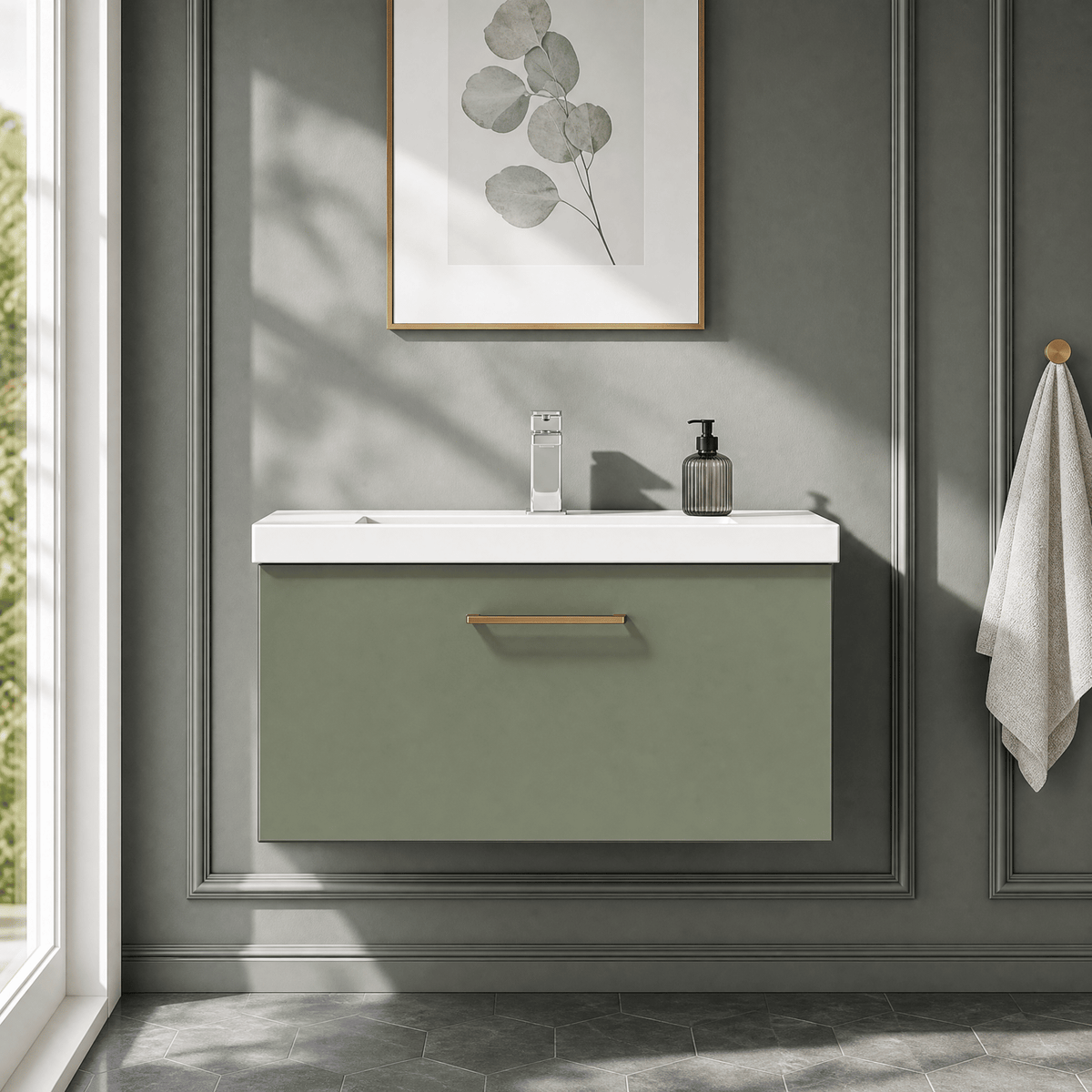 [BFLE825AH019] Bramshall Wall Hung 1 Drawer Vanity Unit with Mid-Edge Ceramic Basin 800mm - Studio Shot