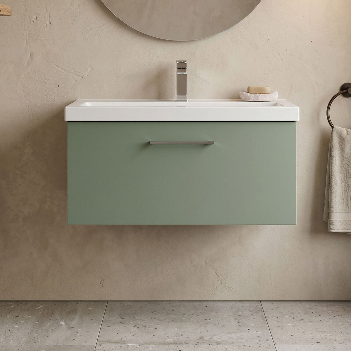 [BFLE825A] Bramshall Wall Hung 1 Drawer Vanity Unit with Mid-Edge Ceramic Basin - Choice of Colour, Handle Finish and Size - Silo