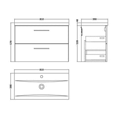 [BFLE826AH019] Bramshall Wall Hung 2 Drawer Vanity Unit with Mid-Edge Ceramic Basin - Choice of Colour, Handle Finish and Size - Technical Drawing