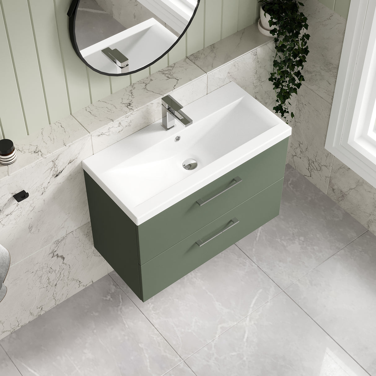 Wall Hung 2 Drawer Vanity Unit with Mid-Edge Ceramic Basin - Choice of Colour, Handle Finish and Size