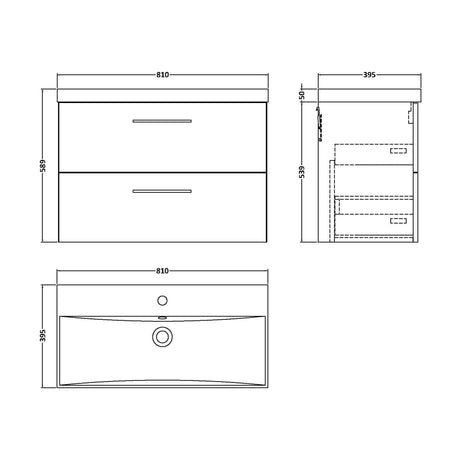 [BFLE826D] Balterley  Contemporary Bathroom 2-Drawer Wall-Hung Thin-Edge Vanity Unit Basin, Satin Green, 800mm - Technical Drawing