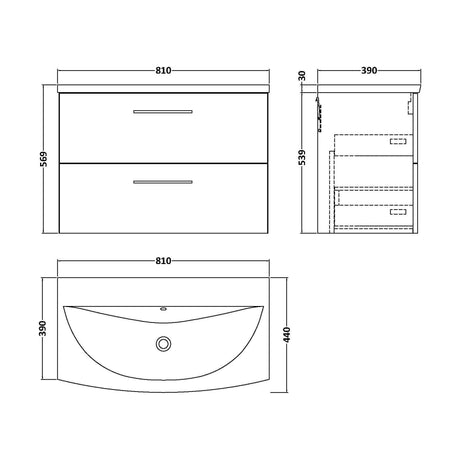 [BFLE826G] Balterley  Modern Bathroom 2 Soft Close Drawer Wall Hung Vanity Unit & Curved Basin, Satin Green, 800mm - Technical Drawing