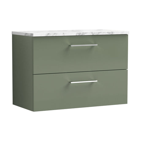 [BFLE826LCM] Bramshall Contemporary 2 Drawer Wall Hung Vanity Unit with Carrera Marble Laminate Worktop, Choice of Size and Colour - Cutout