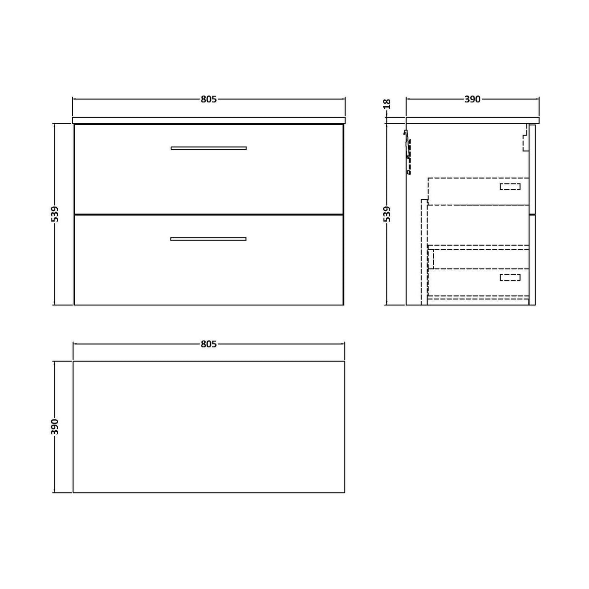 [BFLE826W] Balterley Level Modern Bathroom 2 Soft Close Drawer Wall Hung Vanity Unit with Worktop, Satin Green, 800 mm - Technical Drawing