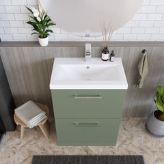 [BFLE833A] Balterley Modern Bathroom 2 Soft-Close Drawer Floor Standing Vanity Unit with Mid-Edge Basin, Satin Green, 600 mm - Lifestyle 2