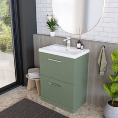[BFLE833A] Balterley Modern Bathroom 2 Soft-Close Drawer Floor Standing Vanity Unit with Mid-Edge Basin, Satin Green, 600 mm - Lifestyle 3