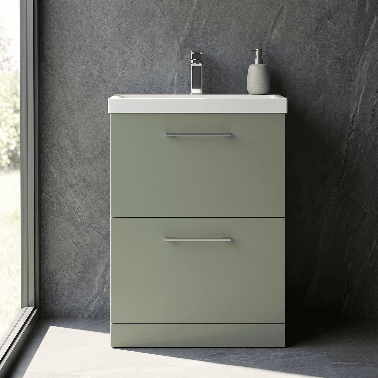 [BFLE833A] Balterley Modern Bathroom 2 Soft-Close Drawer Floor Standing Vanity Unit with Mid-Edge Basin, Satin Green, 600 mm - Silo
