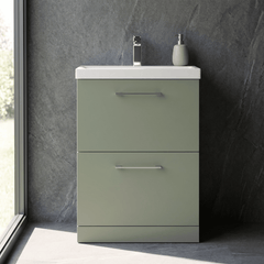 [BFLE833A] Balterley Modern Bathroom 2 Soft-Close Drawer Floor Standing Vanity Unit with Mid-Edge Basin, Satin Green, 600 mm - Silo