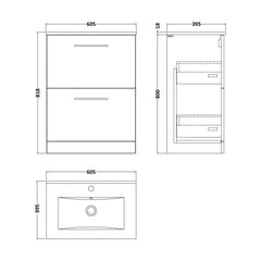 [BFLE833B] Bramshall Contemporary 2 Drawer Floor Standing Vanity Unit, Choice of Size, Colour and Basin - Technical Drawing