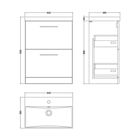 [BFLE833D] Balterley  Contemporary Bathroom 2-Drawer Floor-Standing Thin-Edge Vanity Unit Basin, Satin Green, 600mm - Technical Drawing