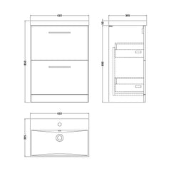 [BFLE833D] Bramshall Contemporary 2 Drawer Floor Standing Vanity Unit, Choice of Size, Colour and Basin - Technical Drawing