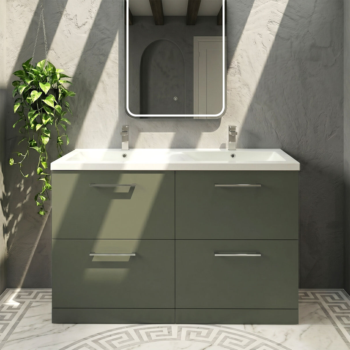 [BFLE833F2] Balterley Level 1200mm Floor Standing 4 Drawer Vanity Unit with Double Basin, Handles & Overflow for Bathroom Storage Gloss White - Silo