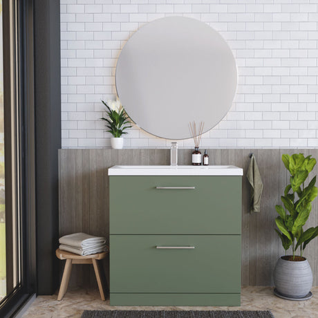 [BFLE835A] Balterley Modern Bathroom 2 Soft-Close Drawer Floor Standing Vanity Unit with Mid-Edge Basin, Satin Green, 800 mm - Lifestyle 1