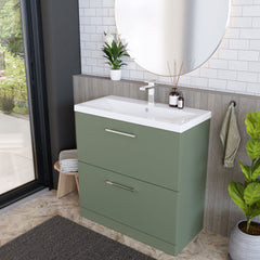 [BFLE835A] Balterley Modern Bathroom 2 Soft-Close Drawer Floor Standing Vanity Unit with Mid-Edge Basin, Satin Green, 800 mm - Lifestyle 3