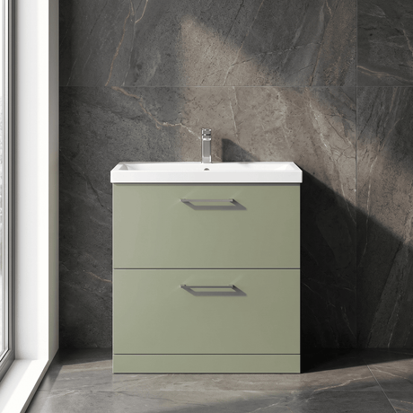 [BFLE835A] Balterley Modern Bathroom 2 Soft-Close Drawer Floor Standing Vanity Unit with Mid-Edge Basin, Satin Green, 800 mm - Silo