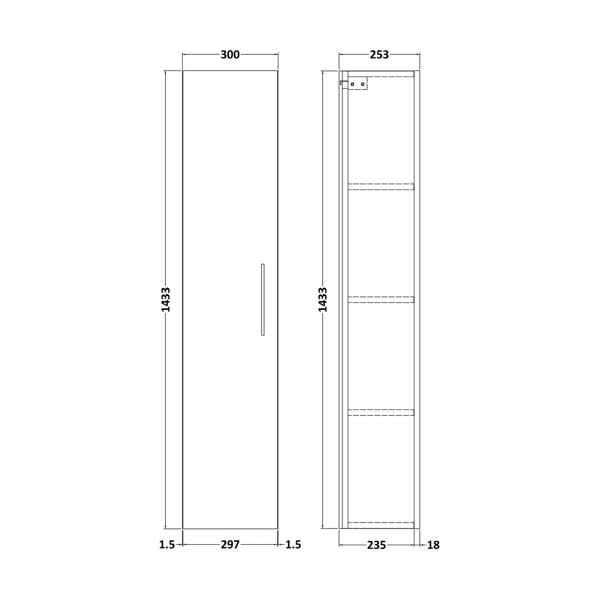 [BFLE861] Bramshall 300mm Wall Hung 1 Door Tall Unit – Choice of Colour and Handle Finish - Technical Drawing