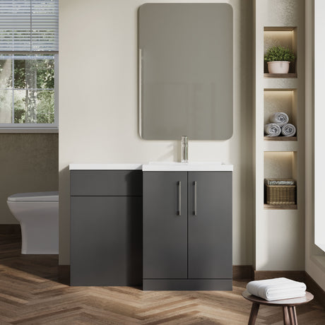[BFLE911R] Balterley Right-Hand Bathroom Vanity and WC Unit Combination with Basin - 1100mm - Gloss Grey with Chrome Handles - Lifestyle 1