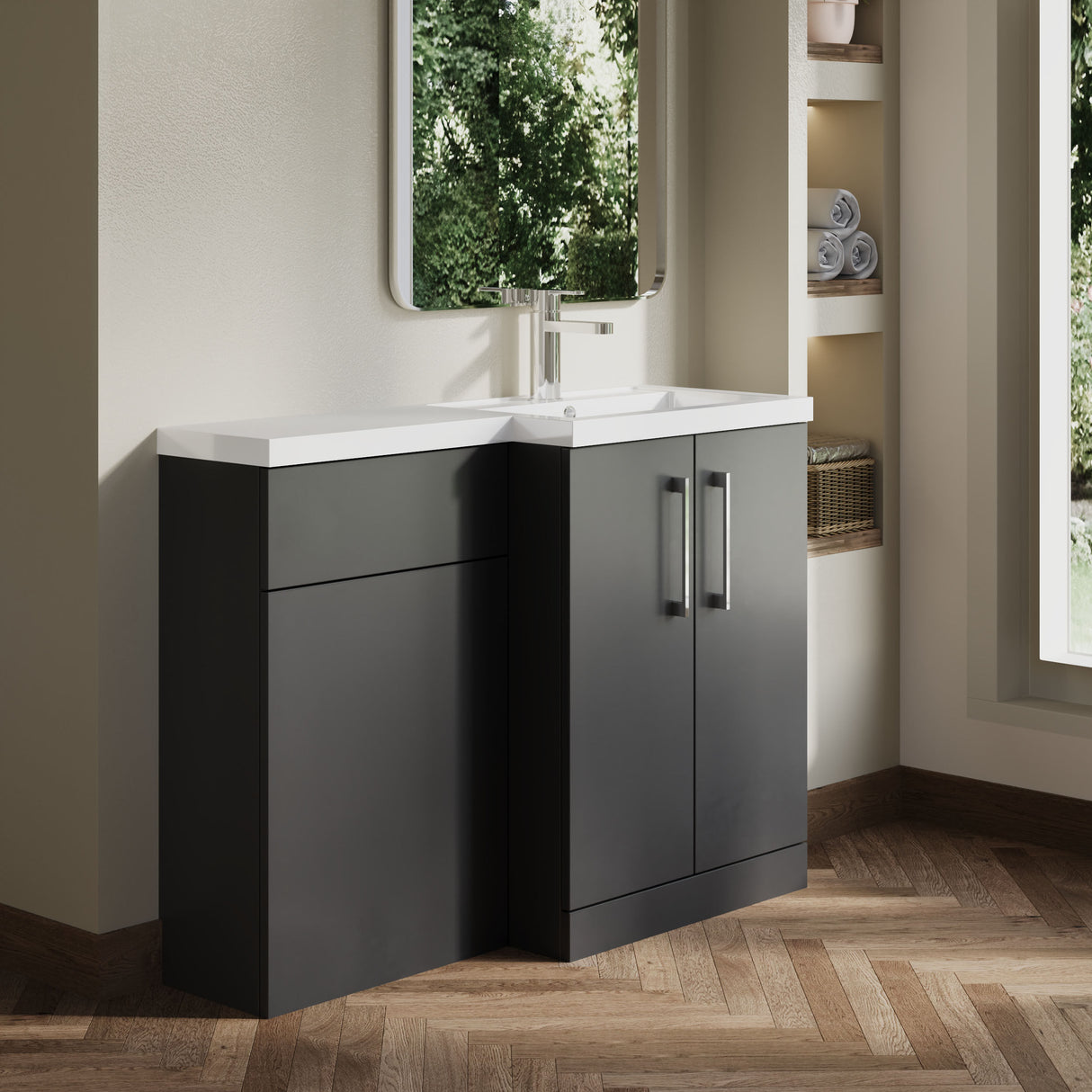 [BFLE911R] Balterley Right-Hand Bathroom Vanity and WC Unit Combination with Basin - 1100mm - Gloss Grey with Chrome Handles - Lifestyle 3