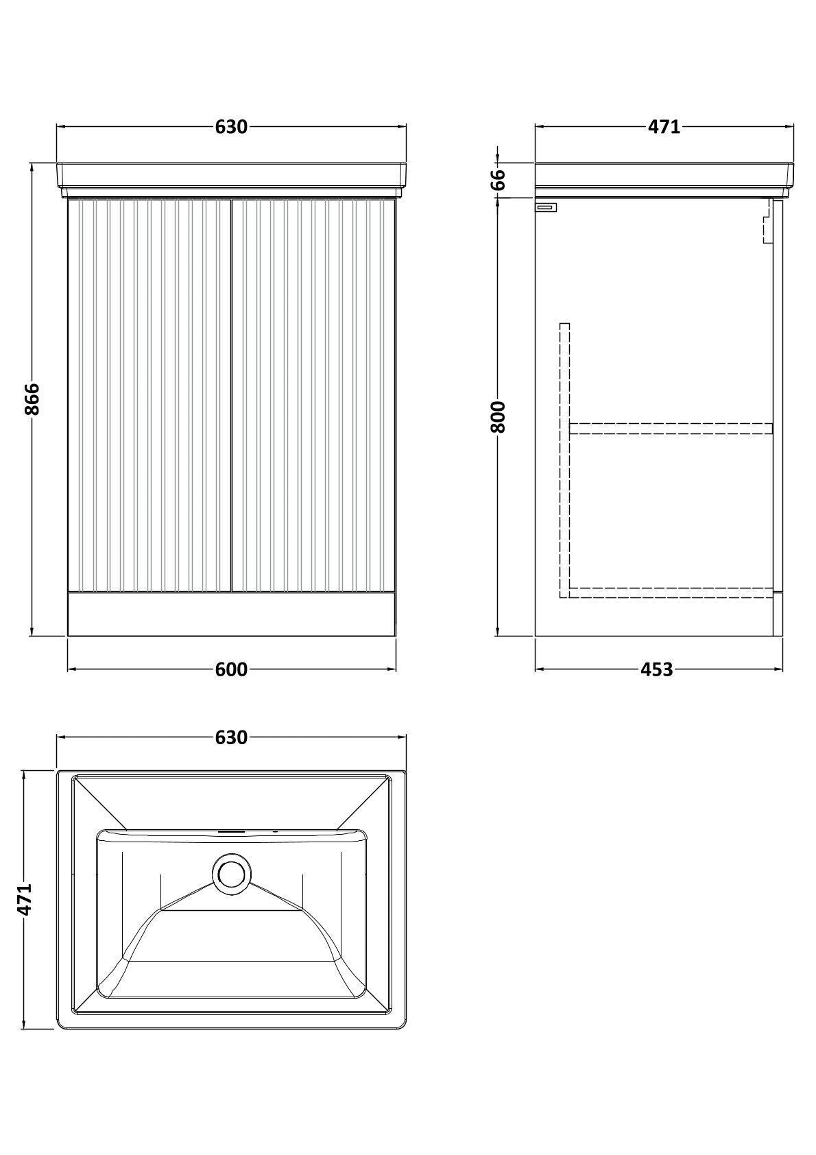 [BFLF103H] Callingwood Contemporary Floor Standing 2 Door Vanity Unit with Traditional 0 Tap Hole Fireclay Basin, Choice of Size and Colour - Line Drawing