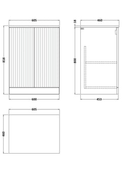 [BFLF103LSWG] Callingwood Contemporary Floor Standing 2 Door Vanity Unit with White Sparkle Laminate Worktop, Choice of Size and Colour - Line Drawing