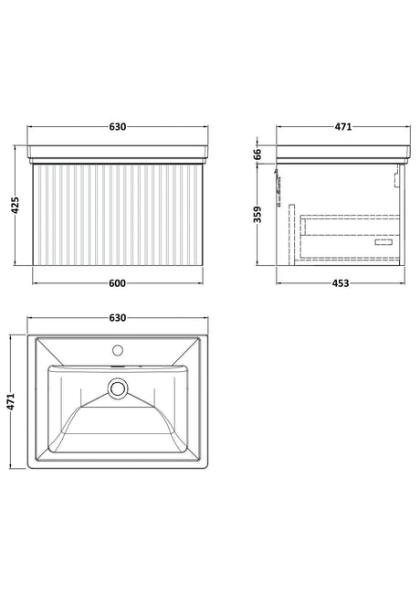 [BFLF122A] Callingwood Contemporary Wall Hung 1 Drawer Vanity Unit with Traditional 1 Tap Hole Fireclay Basin, Choice of Size and Colour - Line Drawing