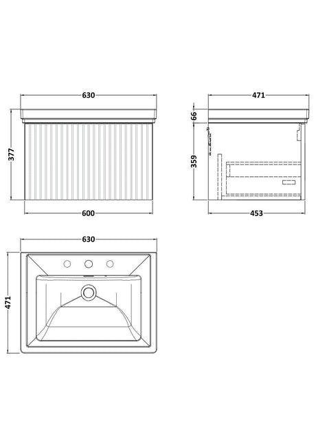 [BFLF122B] Callingwood Contemporary Wall Hung 1 Drawer Vanity Unit with Traditional 3 Tap Hole Fireclay Basin, Choice of Size and Colour - Line Drawing