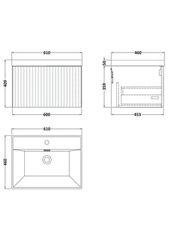 [BFLF122E] Callingwood Contemporary Wall Hung 1 Drawer Vanity Unit with Thin-Edge Ceramic Basin, Choice of Size and Colour - Line Drawing