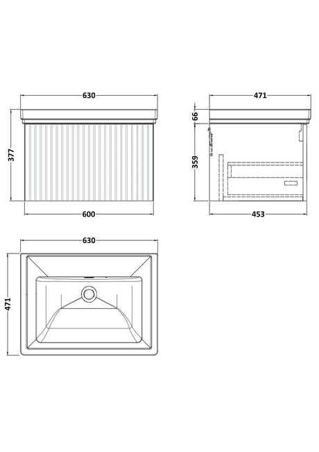 [BFLF122H] Callingwood Contemporary Wall Hung 1 Drawer Vanity Unit with Traditional 0 Tap Hole Fireclay Basin, Choice of Size and Colour - Line Drawing