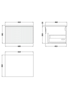 [BFLF122LMP] Callingwood Contemporary Wall Hung 1 Drawer Vanity Unit with Marble Plaster Laminate Worktop, Choice of Size and Colour - Line Drawing