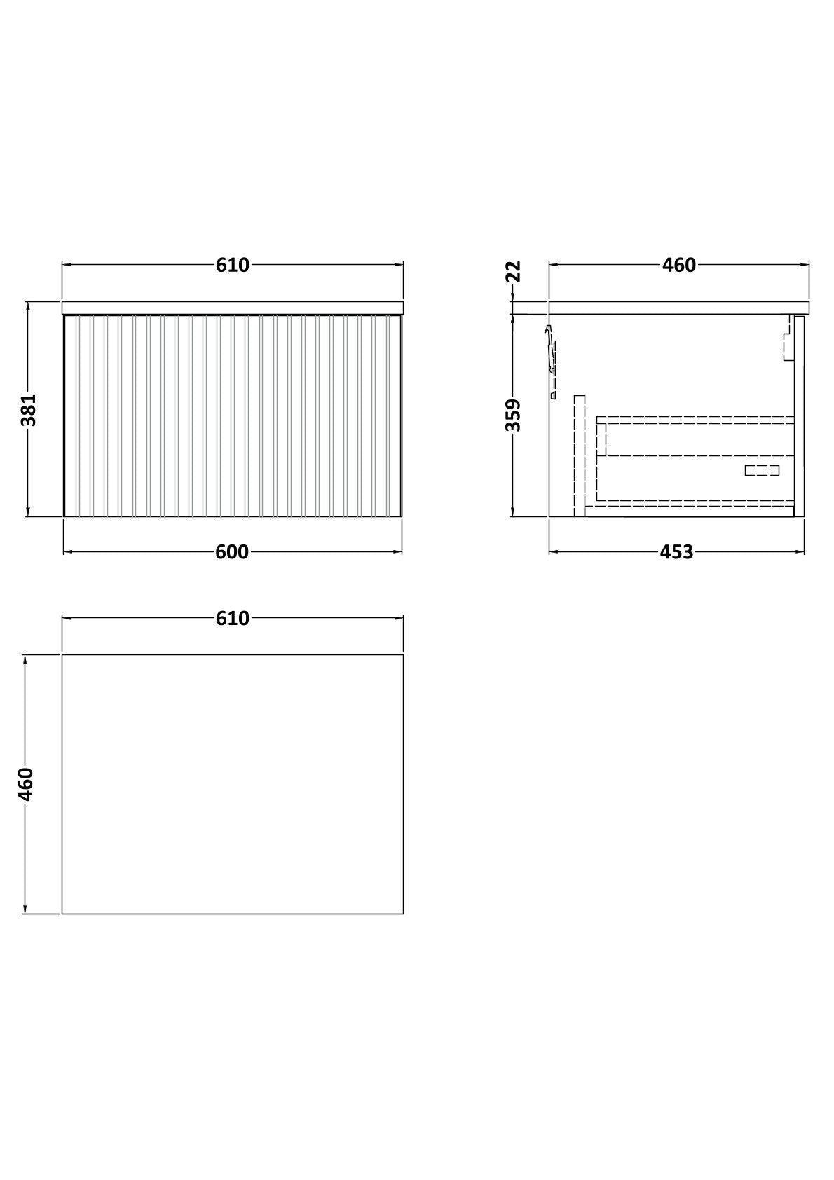 [BFLF122LSWG] Callingwood Contemporary Wall Hung 1 Drawer Vanity Unit with White Sparkle Laminate Worktop, Choice of Size and Colour - Line Drawing