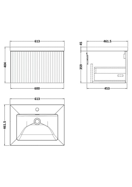 [BFLF122L] Callingwood Contemporary Wall Hung 1 Drawer Vanity Unit with 1 Tap Hole Fireclay Basin, Choice of Size and Colour - Line Drawing