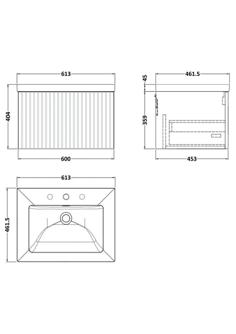 [BFLF122M] Callingwood Contemporary Wall Hung 1 Drawer Vanity Unit with 3 Tap Hole Fireclay Basin, Choice of Size and Colour - Line Drawing