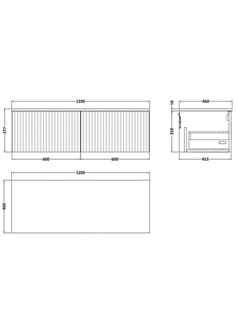 [BFLF122W2] Callingwood Contemporary Wall Hung 2 Drawer 1200mm Vanity Unit with Laminate Worktop, Choice of Colour - Line Drawing