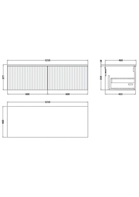 [BFLF122WMT2] Callingwood Contemporary Wall Hung 2 Drawer 1200mm Vanity Unit with White Marble Worktop, Choice of Colour - Line Drawing