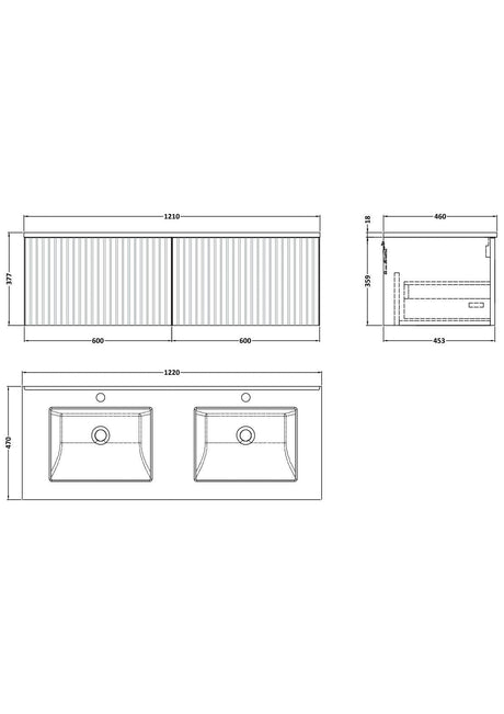 [BFLF122WS2] Callingwood Contemporary Wall Hung 2 Drawer 1200mm Vanity Unit with Marble Worktop and Double Basin, Choice of Colour - Line Drawing