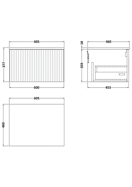 [BFLF122W] Callingwood Contemporary Wall Hung 1 Drawer Vanity Unit with Laminate Worktop, Choice of Size and Colour - Line Drawing