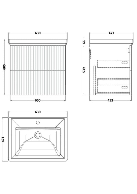 [BFLF124A] Callingwood Contemporary Wall Hung 2 Drawer Vanity Unit with Traditional 1 Tap Hole Fireclay Basin, Choice of Size and Colour - Line Drawing